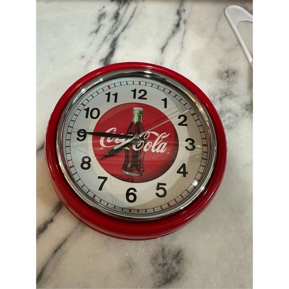 Coca-Cola Diners Style Metal Wall Clock Battery Operated Coke 9.25” RED Works!